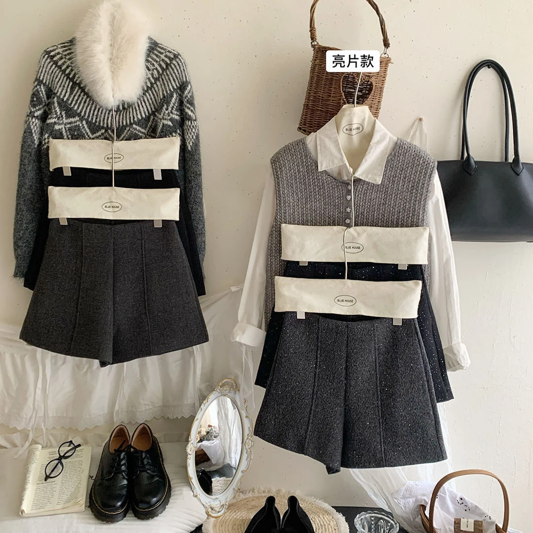 法式高级极简小香闪闪亮片A字毛呢短裤女冬净版气质百搭外穿靴裤