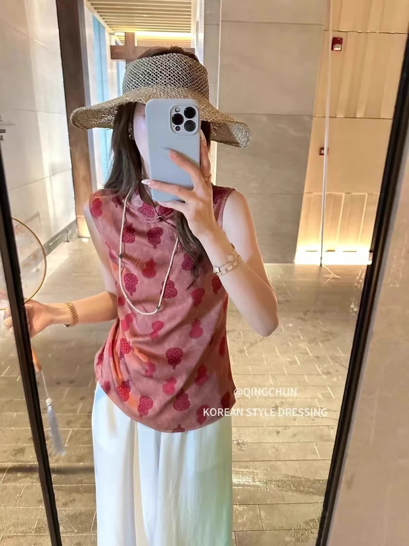 姿娘夏季国风上衣新款新中式复古斜襟无袖抽褶收腰修身显瘦衬衫女