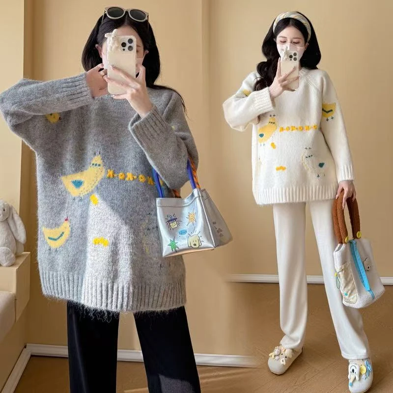 孕妇上衣秋冬2025圆领毛衣外穿新款慵懒风百搭休闲套头上衣孕妇装