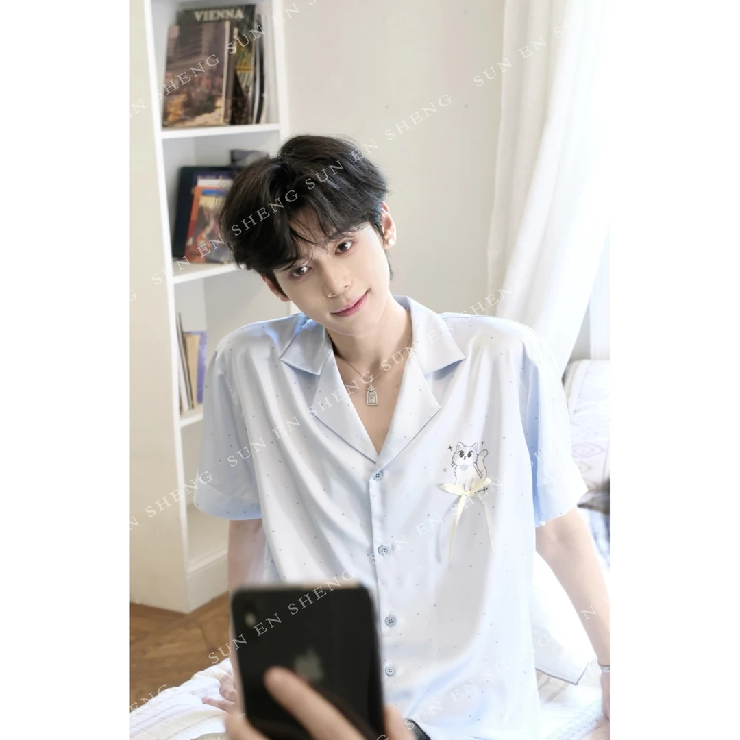 孙恩盛【店主自留】原创小猫新款夏季凉感冰丝情侣睡衣家居三件套