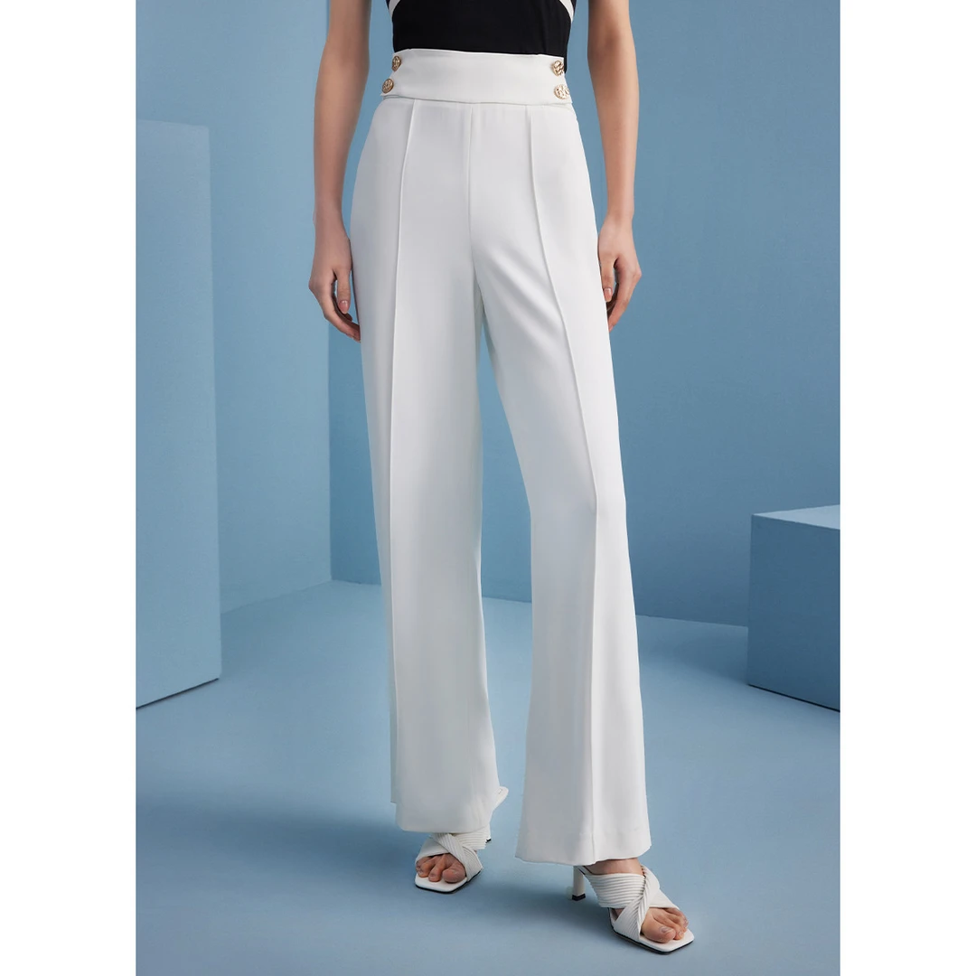 【小余专属】曼德诗纯色高腰休闲裤夏季纽扣宽松通勤显瘦直筒长裤