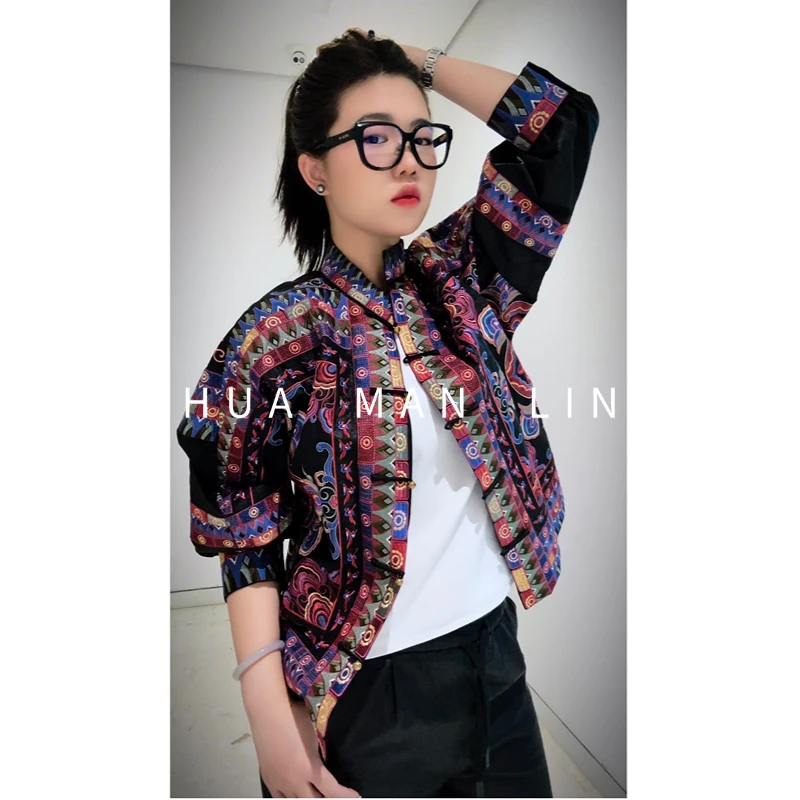 【花满林】立领正门襟玲珑扣重工刺绣龟裂纹香云纱桑蚕丝外套255862