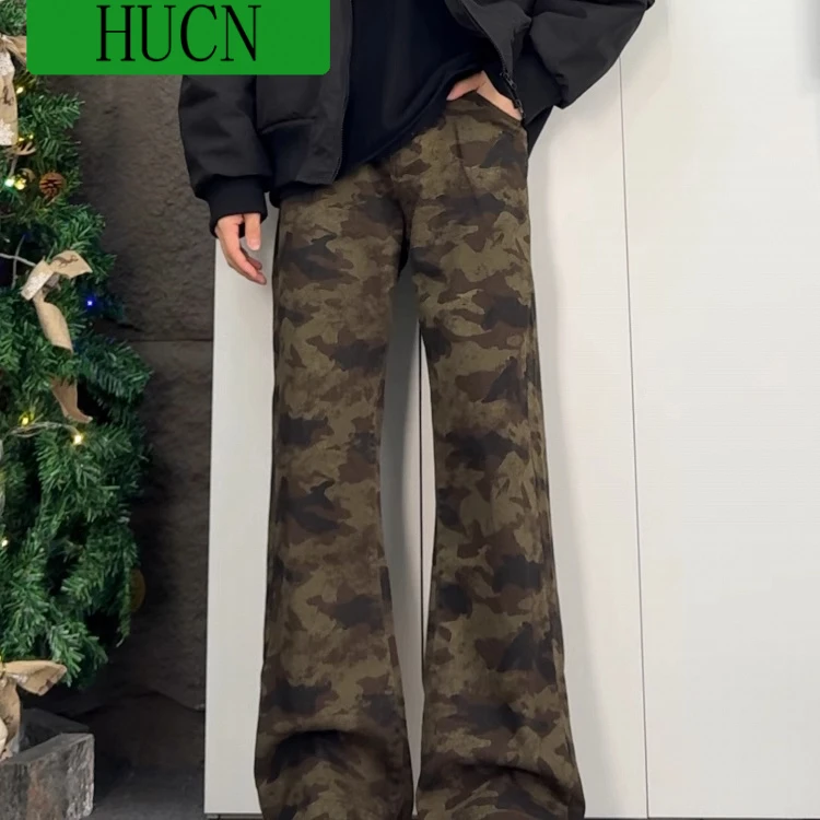 HUCN美式复古迷彩牛仔裤夏季薄款微喇高街裤子潮牌痞帅炸街工装裤
