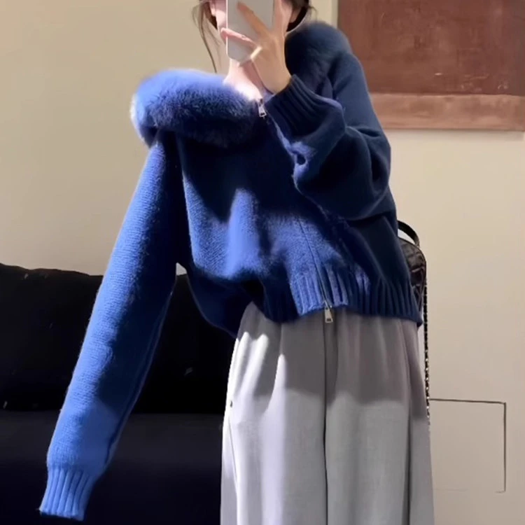 慵懒风藏蓝色连帽毛衣女秋冬新款宽松拉链高级感毛领针织开衫上衣