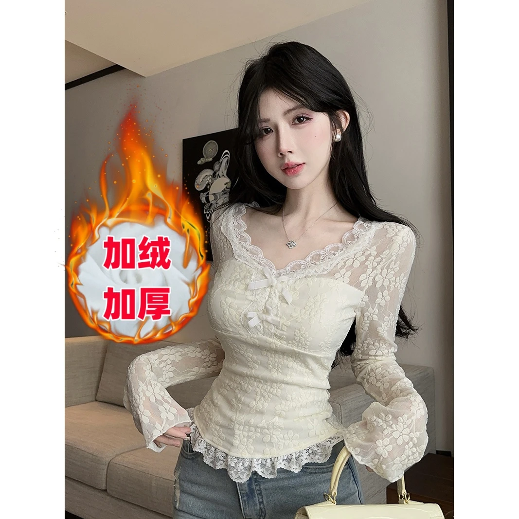 【桃子】2024秋冬新款加绒加厚德绒蕾丝打底衫纯欲修身显瘦内搭上衣