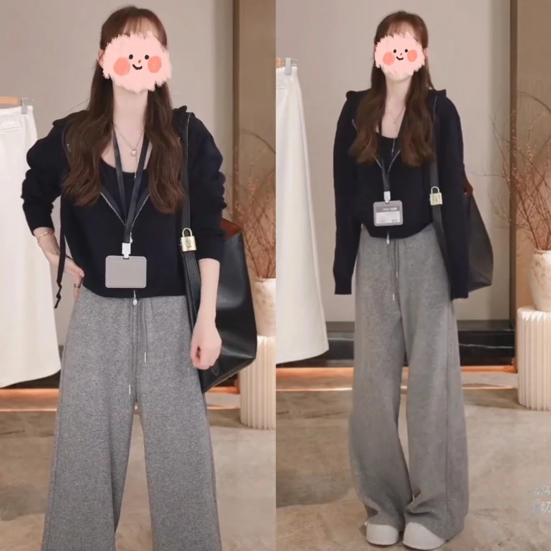 连帽针织毛衣开衫搭配舒适慵懒松紧腰抽绳直筒显瘦休闲裤两件套