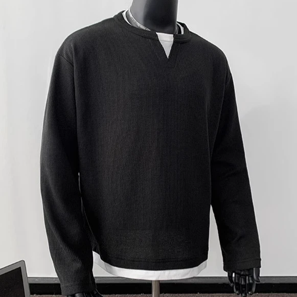 假两件领长袖卫衣灰色华夫格男士春秋美式内搭情侣上衣男式卫衣否