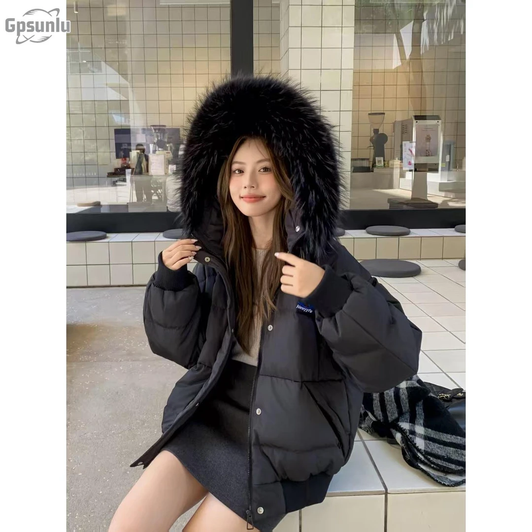 gpsunlu美式蓝色大毛领羽绒服短款冬季新款小个子加厚白鸭绒外套