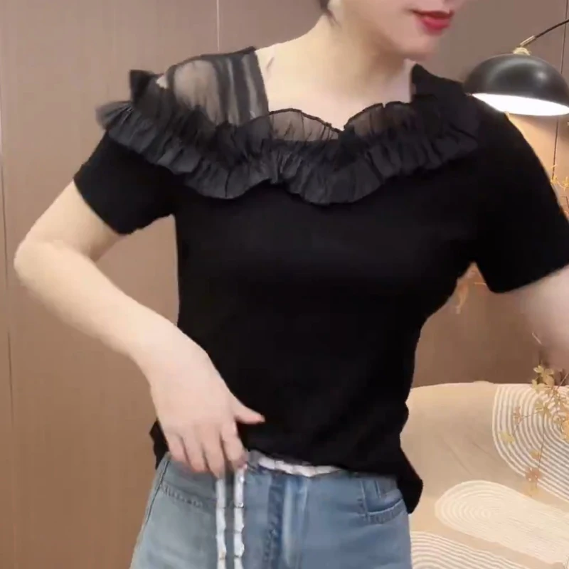 新品夏季不规则百搭洋气设计漏肩显瘦荷叶边T恤LK2502592