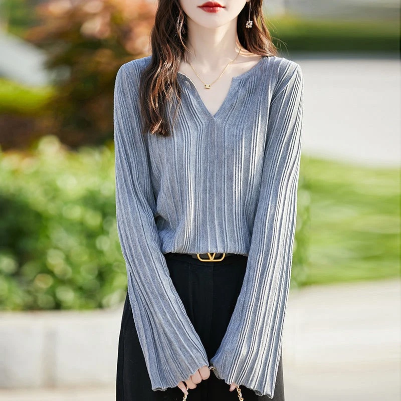 2025新款打底洋气条纹慵懒喇叭宽松长袖针织衫上衣时尚精休闲百搭