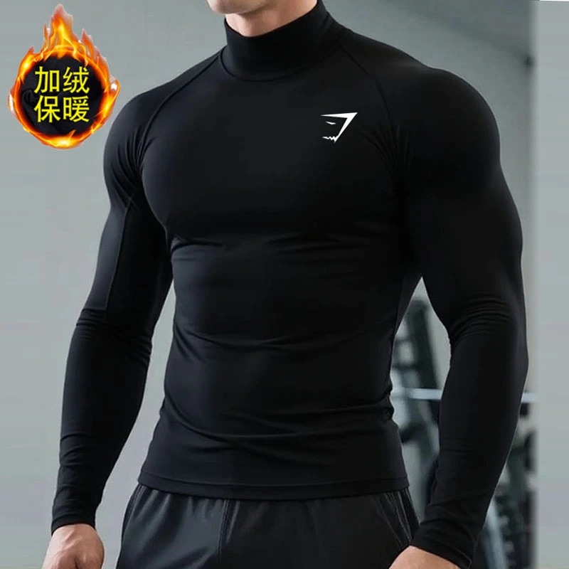 GYMSHAR高领美式紧身衣长袖男运动健身房衣服显身材速干训练上衣