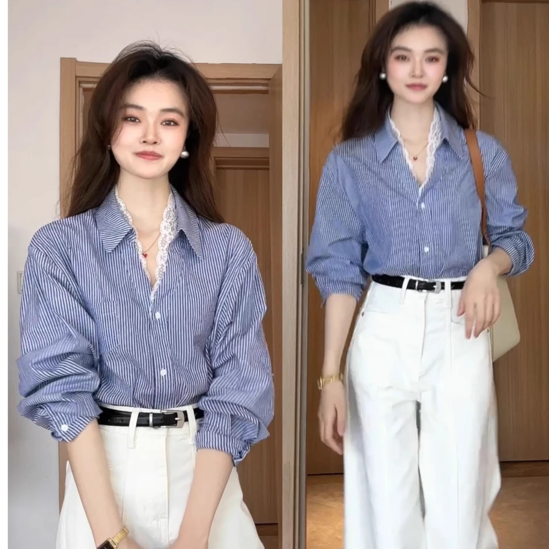 温柔风高度白色蕾丝拼接假两件设计感韩系气质百搭长袖条纹衬衫