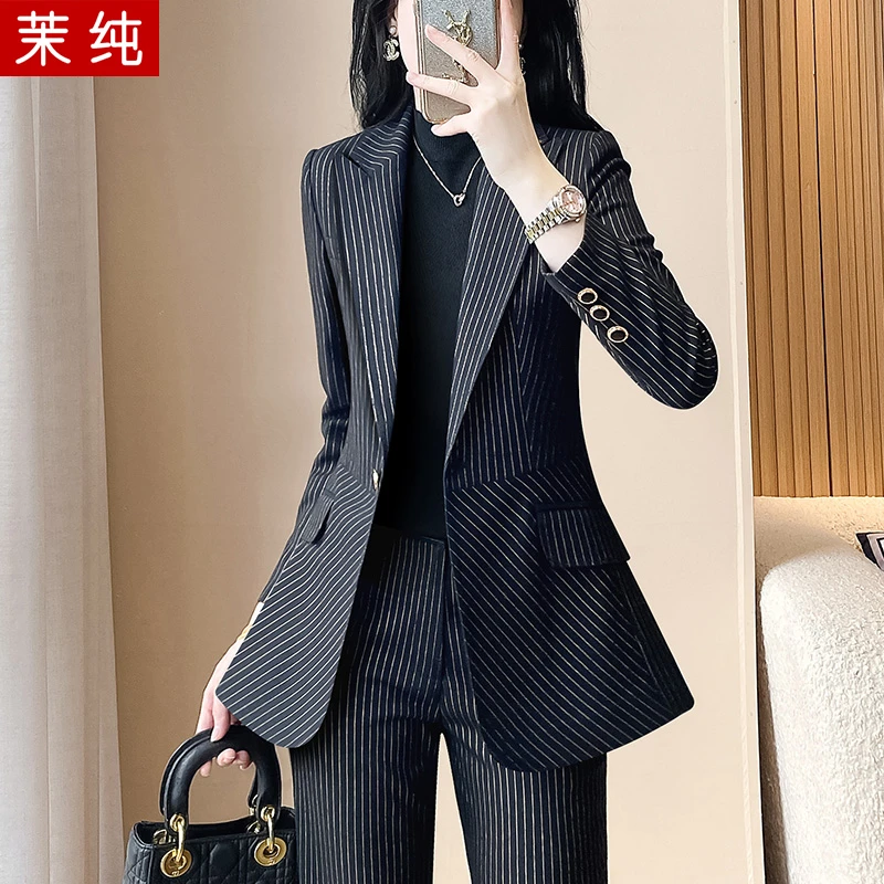 西装外套女黑色条纹小西服高级感秋冬通勤正装时尚洋气工作服洋气