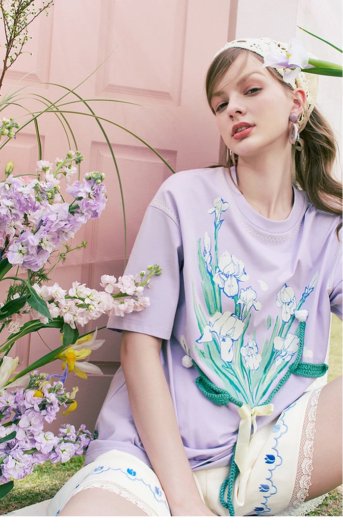 两三事爱如花束 文艺风手工钩花印花棉质短袖t恤女S24XT155