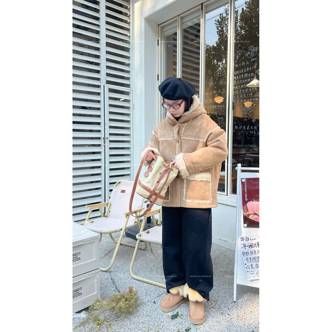 【奔赴冬约短款】HL秋冬环保一体毛连帽韩宽松加绒保暖复古短外套