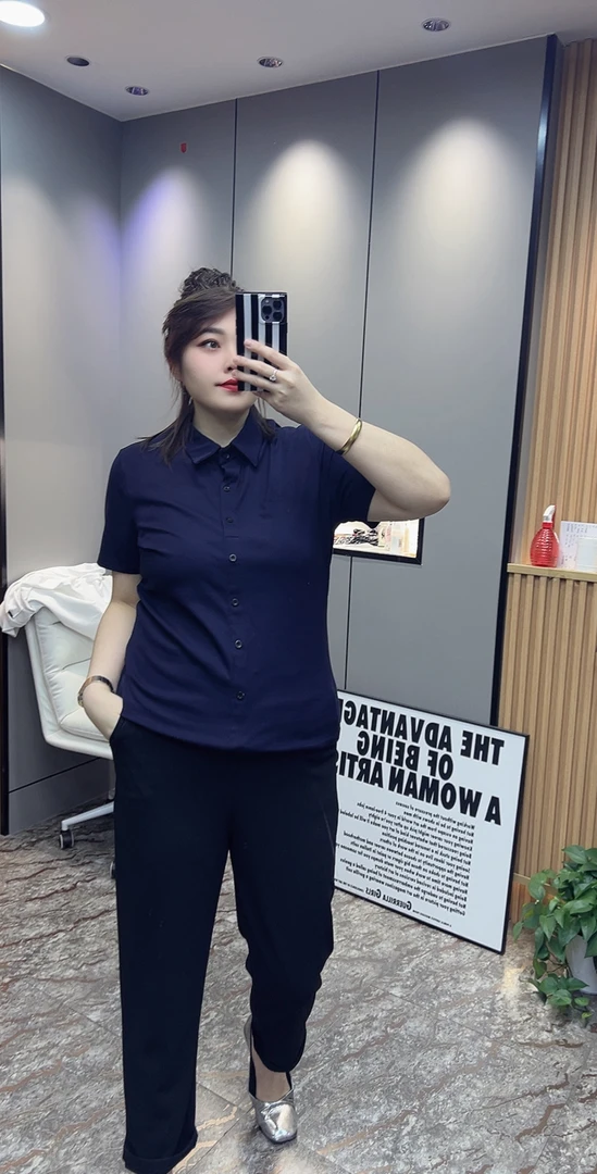 岩岩家三色翻领棉短袖上衣