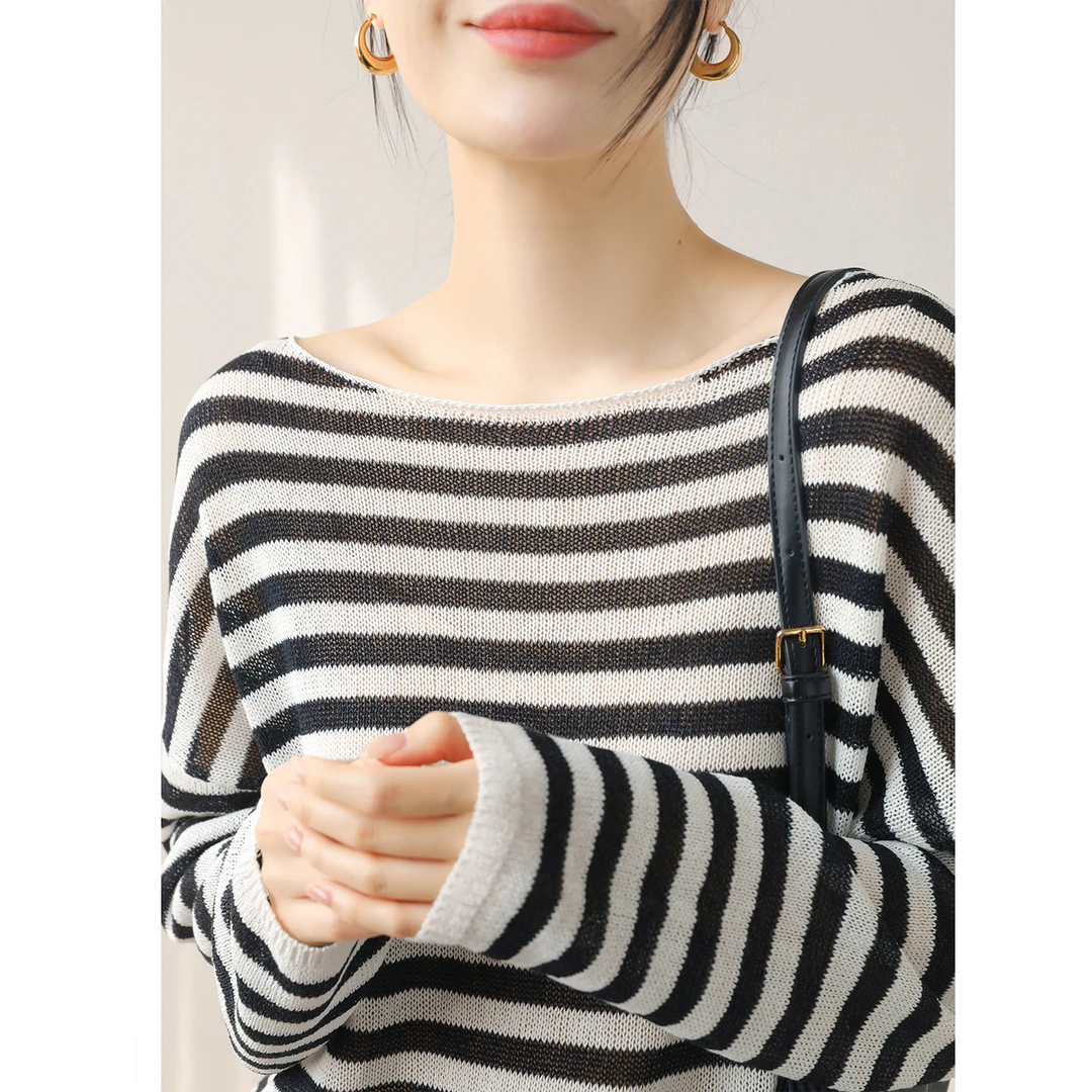 一字领和纸纱宽松条纹罩衫女春秋长袖套头百搭上衣休闲针织衫黑白