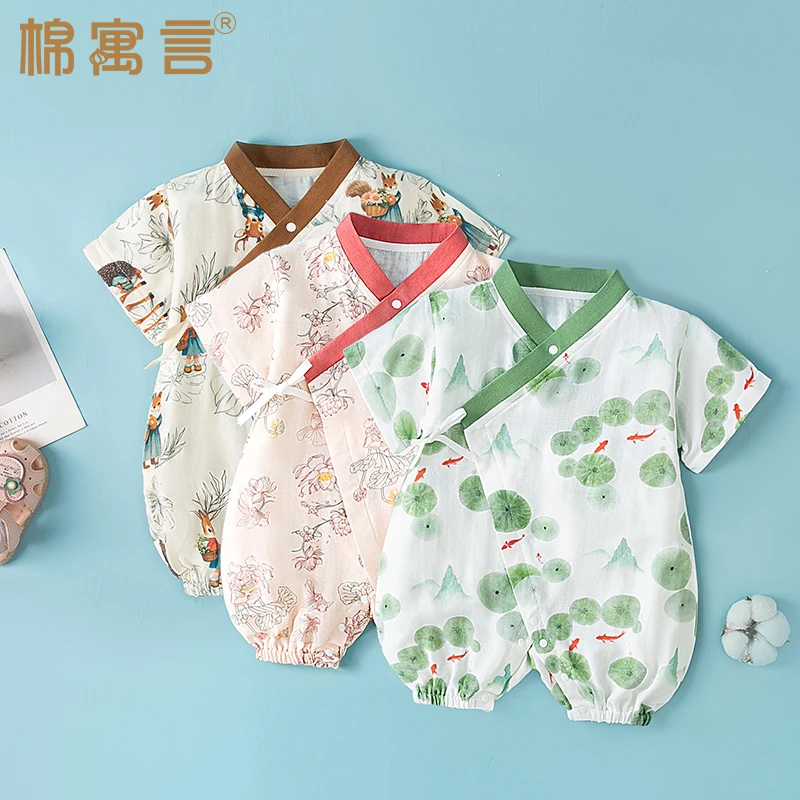 宝宝哈衣可爱爬服新生婴儿连体衣和尚服夏季竹棉纱布斜襟系带短袖