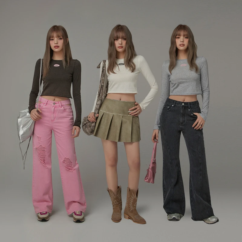 AC001【马琦尧专属】CHUU辣妹字母印花女春季打底短款上衣长袖T恤-Y