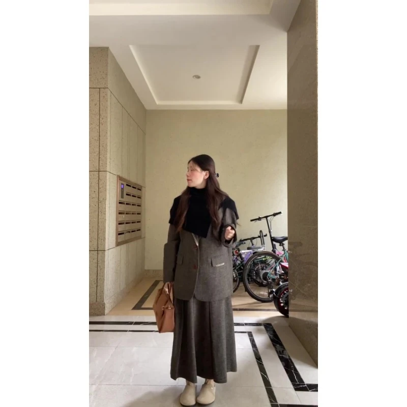 MARIE.COCO法式赫本风毛呢西装长袖外套披肩半身裙大方得体三件套