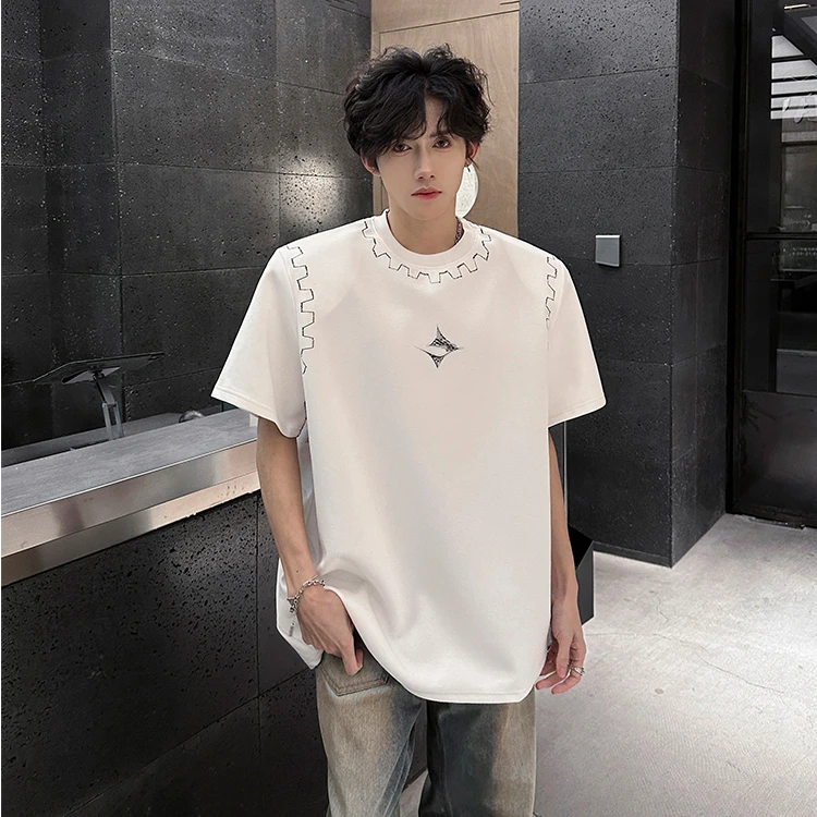 美式高街痞帅垫肩短袖T恤男夏季宽松cleanfit重磅齿轮印花半截袖