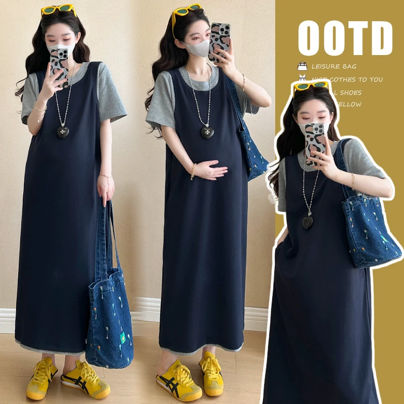 夏季新款孕妇连衣裙时尚洋气减龄撞色拼接假两件休闲显瘦T恤裙子1