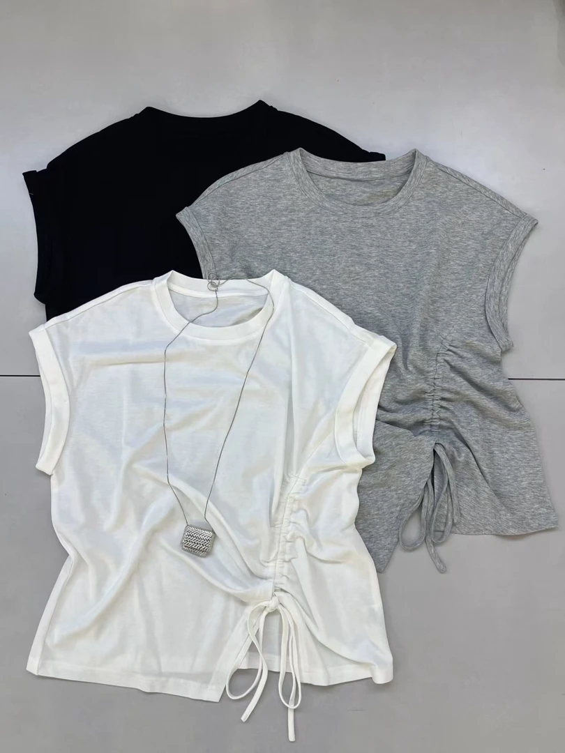 欧货夏季新款时尚圆领抽绳短袖T恤F93