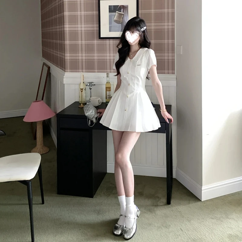 FRVXO海盐茉莉 学院风白色衬衫连衣裙夏季初恋感收腰百褶裙女