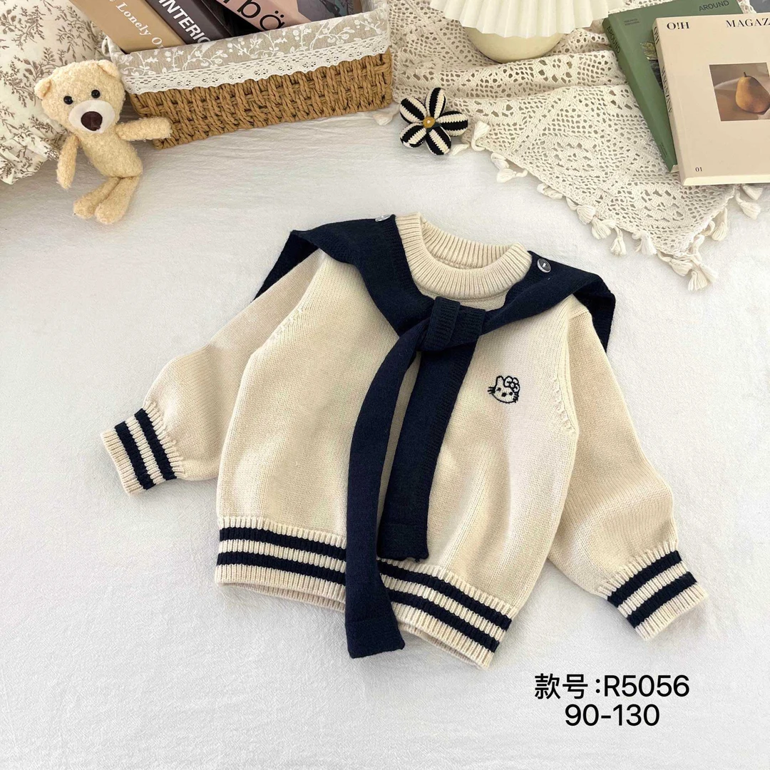 撞色图案春秋秋冬针织衫薄款圆领童装长袖小童毛衣学院风