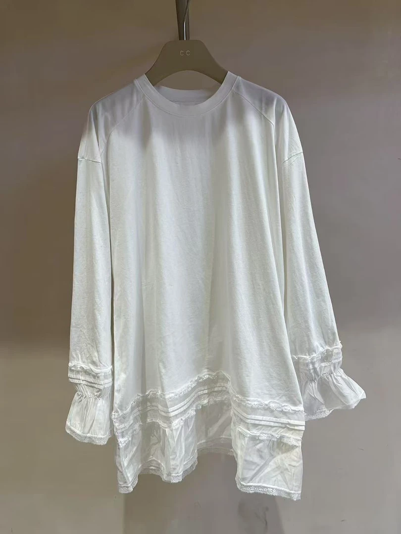 韩版长袖圆领宽松型T恤纯色蕾丝t恤百搭拼接时尚春夏打底夏季套装