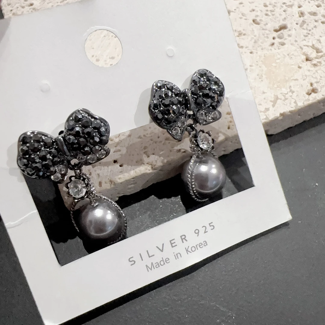 非金属合成锆石耳饰 B116韩国精致大气韩系黑灰色耳坠