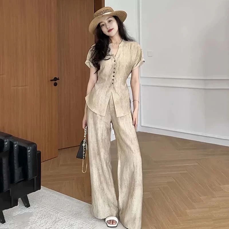 【两件套】新中式套装短袖衬衫裤子女显瘦遮肉夏季时尚套装D2813