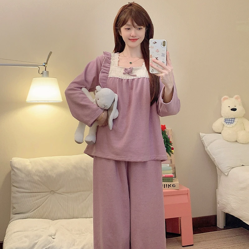 长袖羊毛绒睡衣女秋2025新款法式蕾丝花边甜美可外穿家居服套装