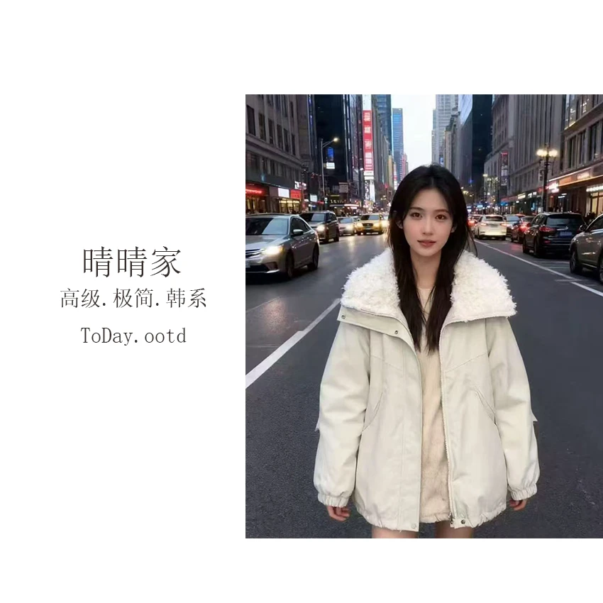 晴晴家-【晨曦微舟】韩系冬季百搭羊羔毛大翻领派克服外套913