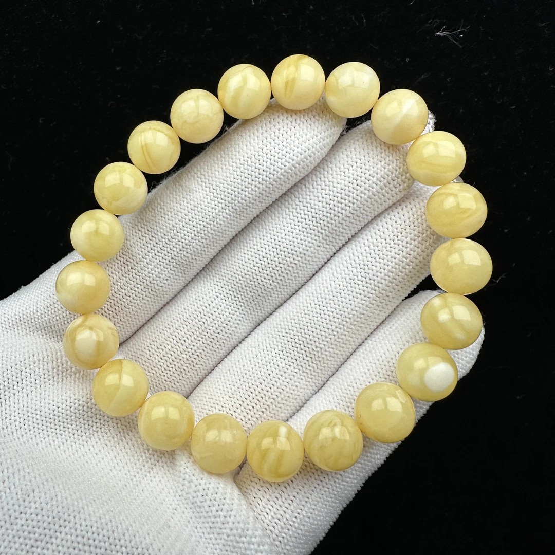 Y8552天然原矿蜜蜡 鸡油黄白花手串 9.5mm抖音基地质检发货
