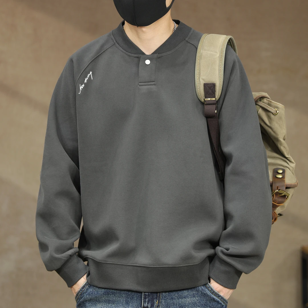 360克重磅亨利领卫衣男春秋美式高级感宽松外套复古慵懒情侣上衣