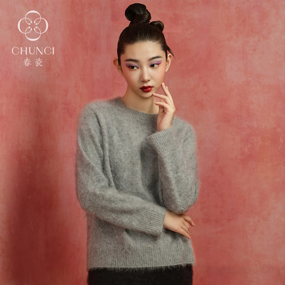 春瓷CHUNCI红拂夜奔羊绒系列【云海】圆领落肩宽松羊绒拉毛套头衫