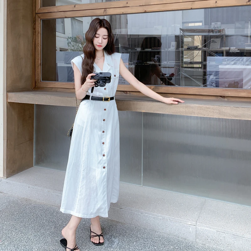 白色绝美气质大女主高级感连衣裙女2025年夏季新款收腰无袖衬衫裙