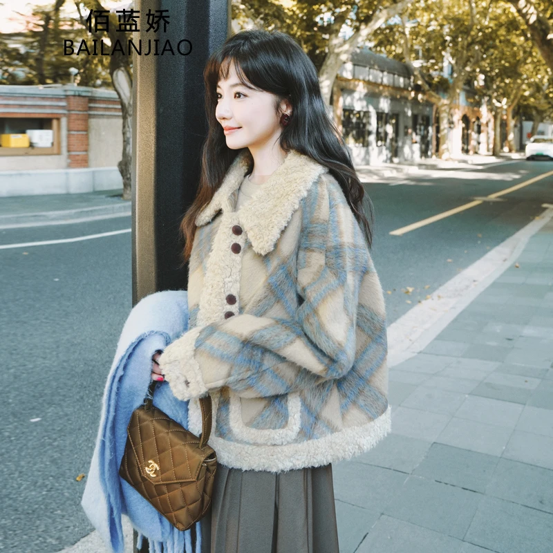 韩系复古格子毛呢外套女2025秋冬新款加厚羊羔毛拼接短款呢子大衣