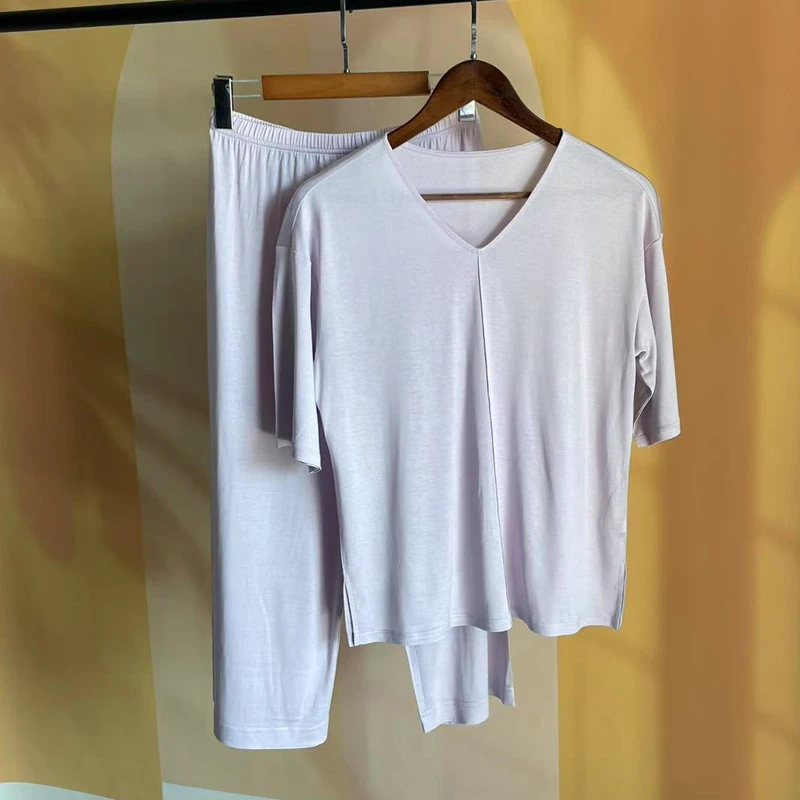 100%桑蚕丝女士V领短袖+直筒七分裤薄款家居服套装针织真丝睡衣裤