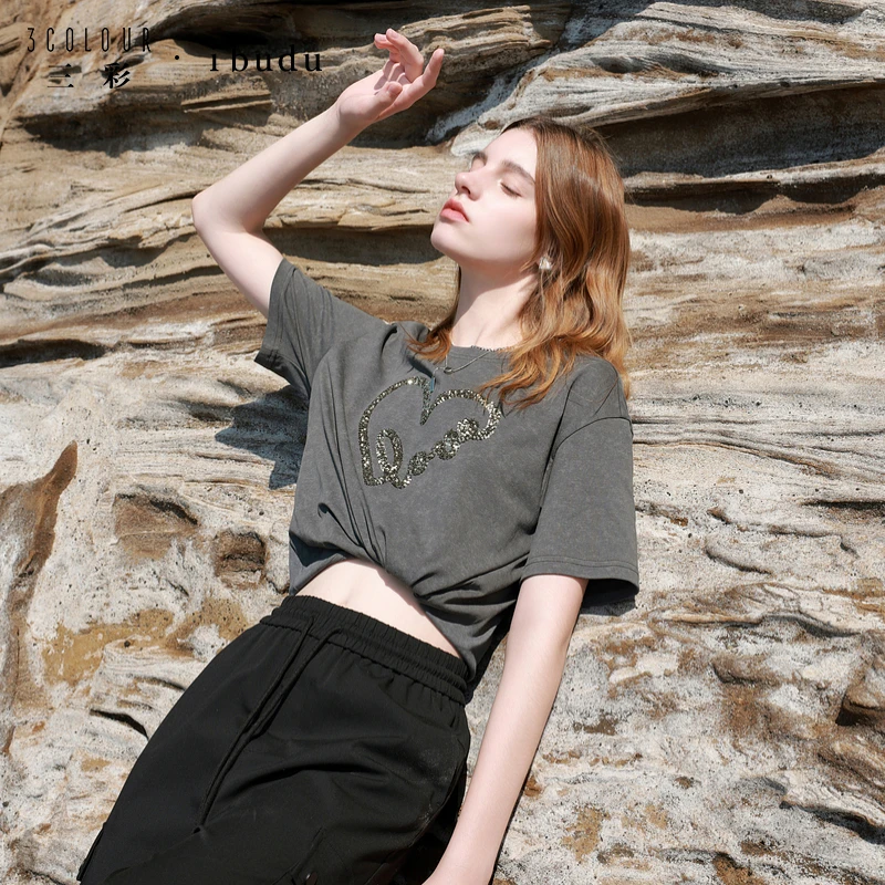 【可可专属】三彩ibudu2025春季新款爱心珠片绣宽松T恤圆领短dbx