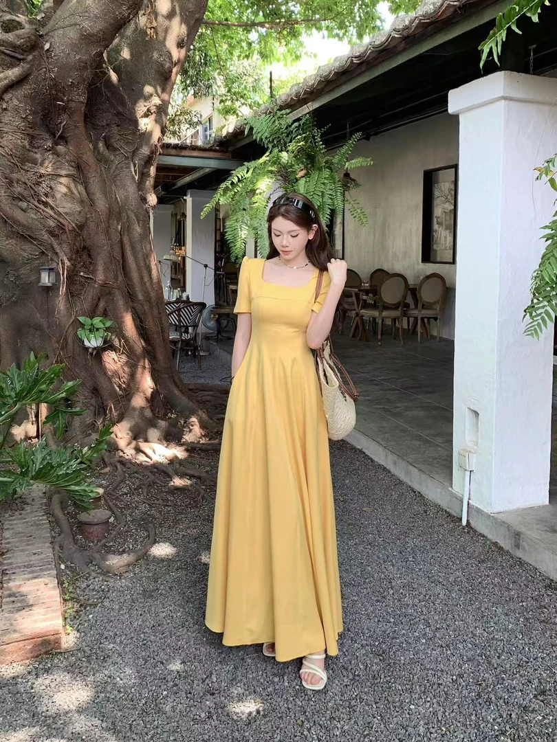 短袖方领显瘦裁片拼接遮肚子气质百搭韩系连衣长裙