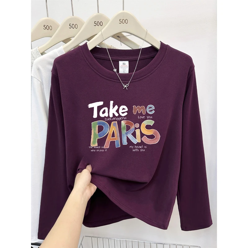 乌梅紫正肩长袖T恤女秋季大码时尚设计感字母印花圆领打底衫上衣