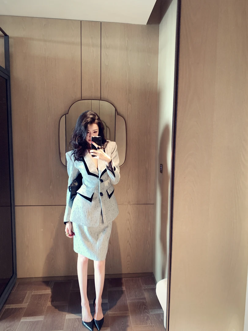 设计师星云灰修身显瘦收腰气质装拼接高级感西装套装021211040