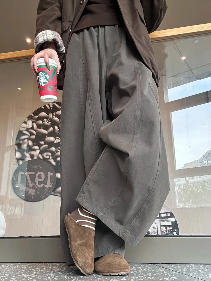 日系深灰色九分阔腿裤女秋冬新款大码胖mm遮胯宽腿粗休闲气球裤子