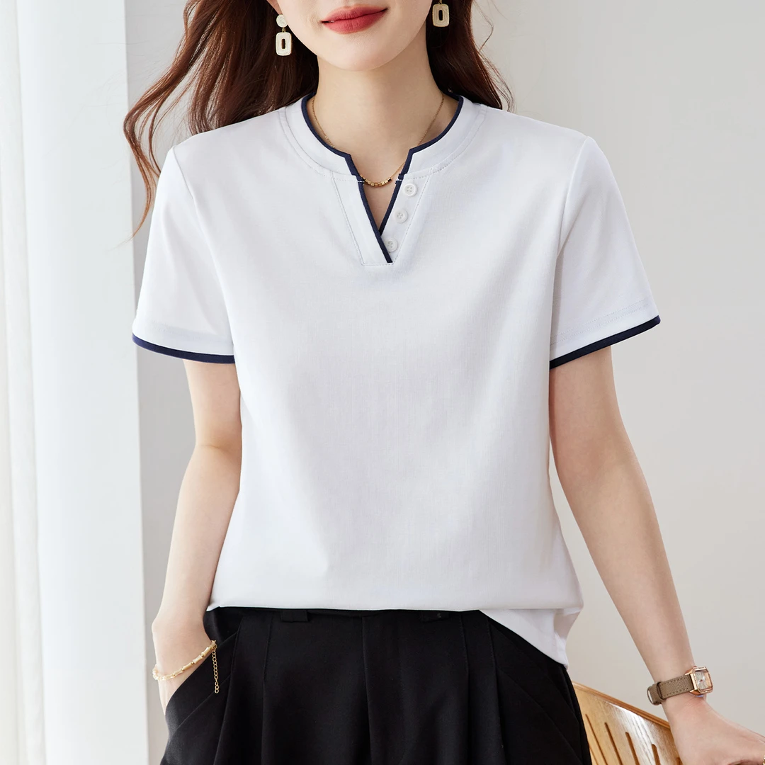 新疆棉洋气纯色短袖t恤正肩宽松遮肉显背薄休闲V领上衣百搭女装潮
