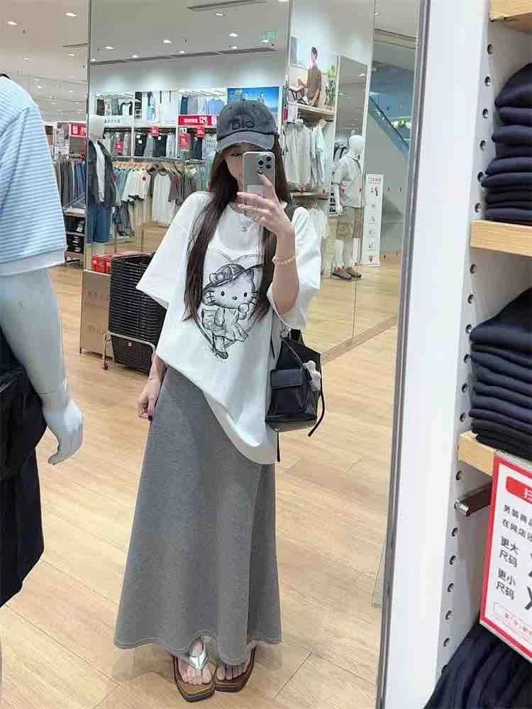 胖mm大码慵懒风卡通印花短袖T恤搭配高腰半身伞裙夏季