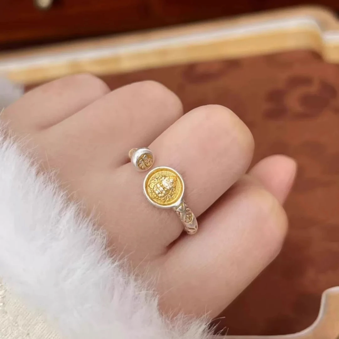 足银戒指 招财国风指环足银999.9描金吉言黄财神银戒指女国潮实心