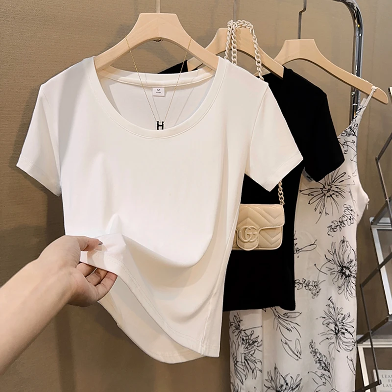 白色大领口短袖恤女士装夏季超显身材圆领薄款上衣修身体恤打底衫