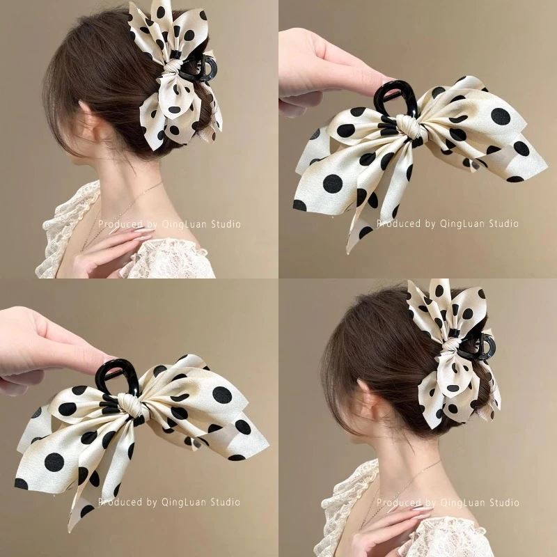 法式蝴蝶结~气质波点抓夹女高级感2025新款温柔少女感盘发鲨鱼夹